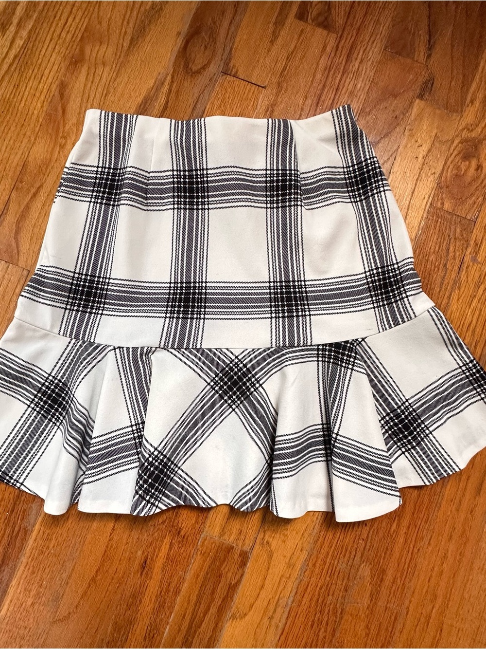 Aqua Black and White Plaid Ruffle-Hem Mini Skirt